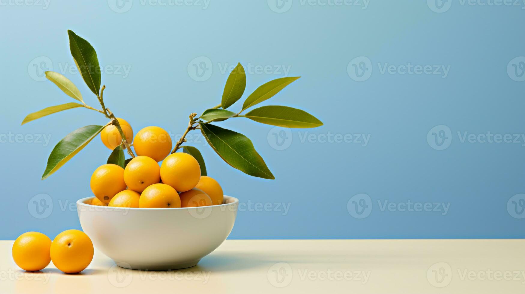 Foto av kumquat på en minimalistisk tabell. generativ ai