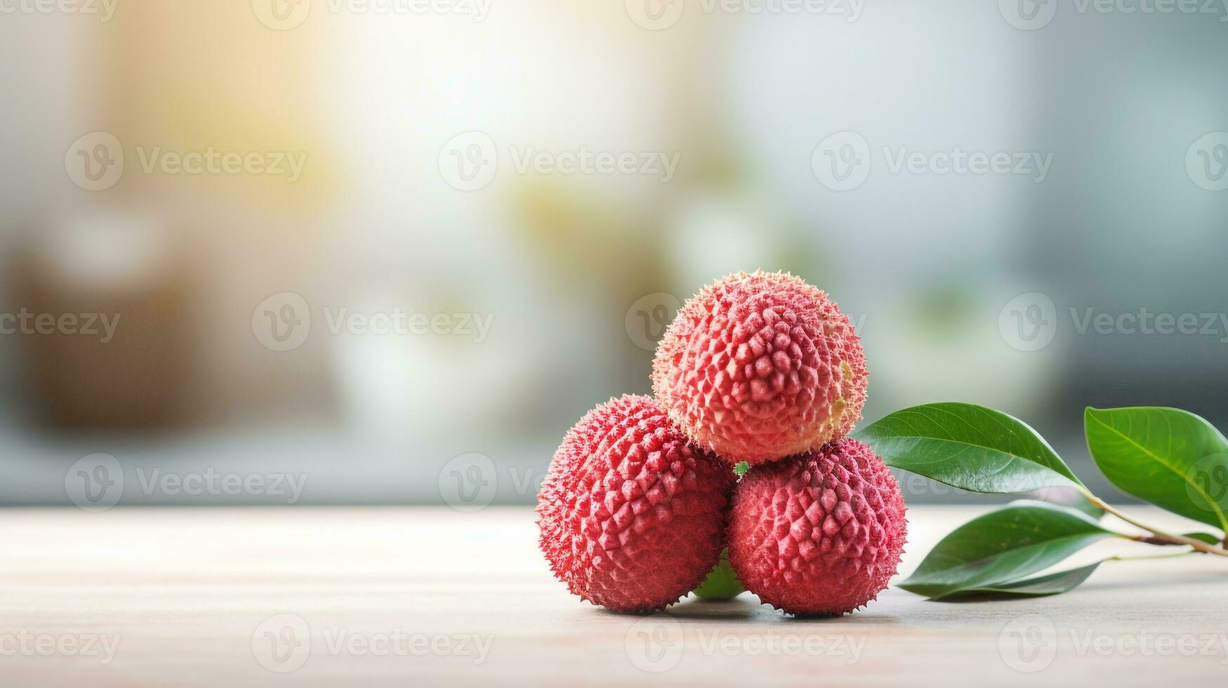 Foto av litchi på en minimalistisk tabell. generativ ai