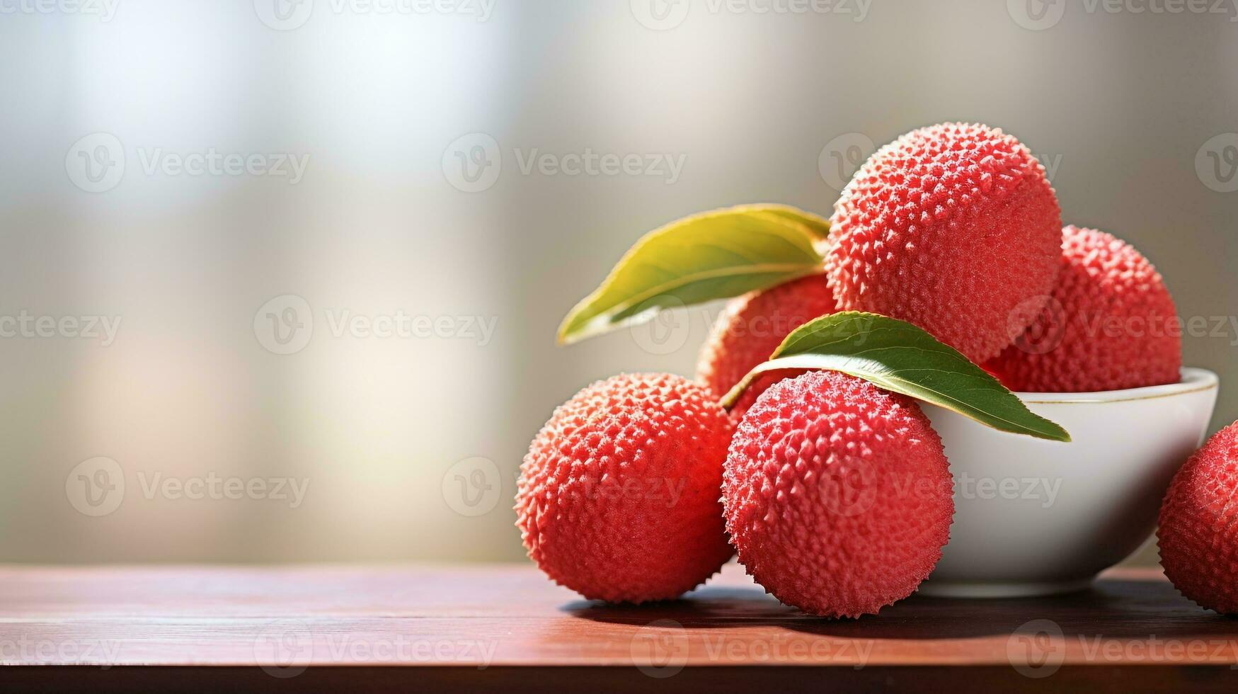 Foto av litchi på en minimalistisk tabell. generativ ai