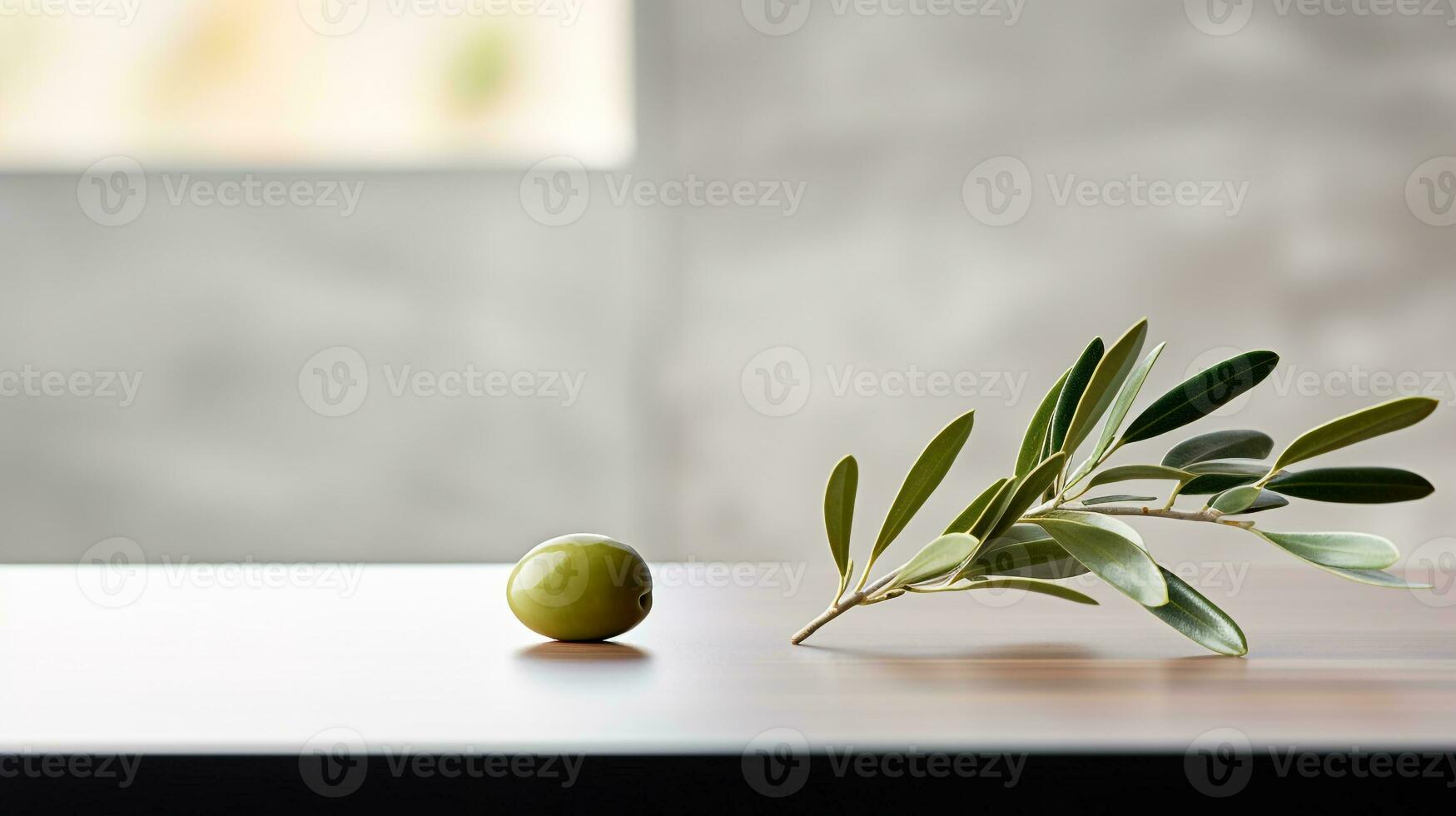 Foto av oliv på en minimalistisk tabell. generativ ai