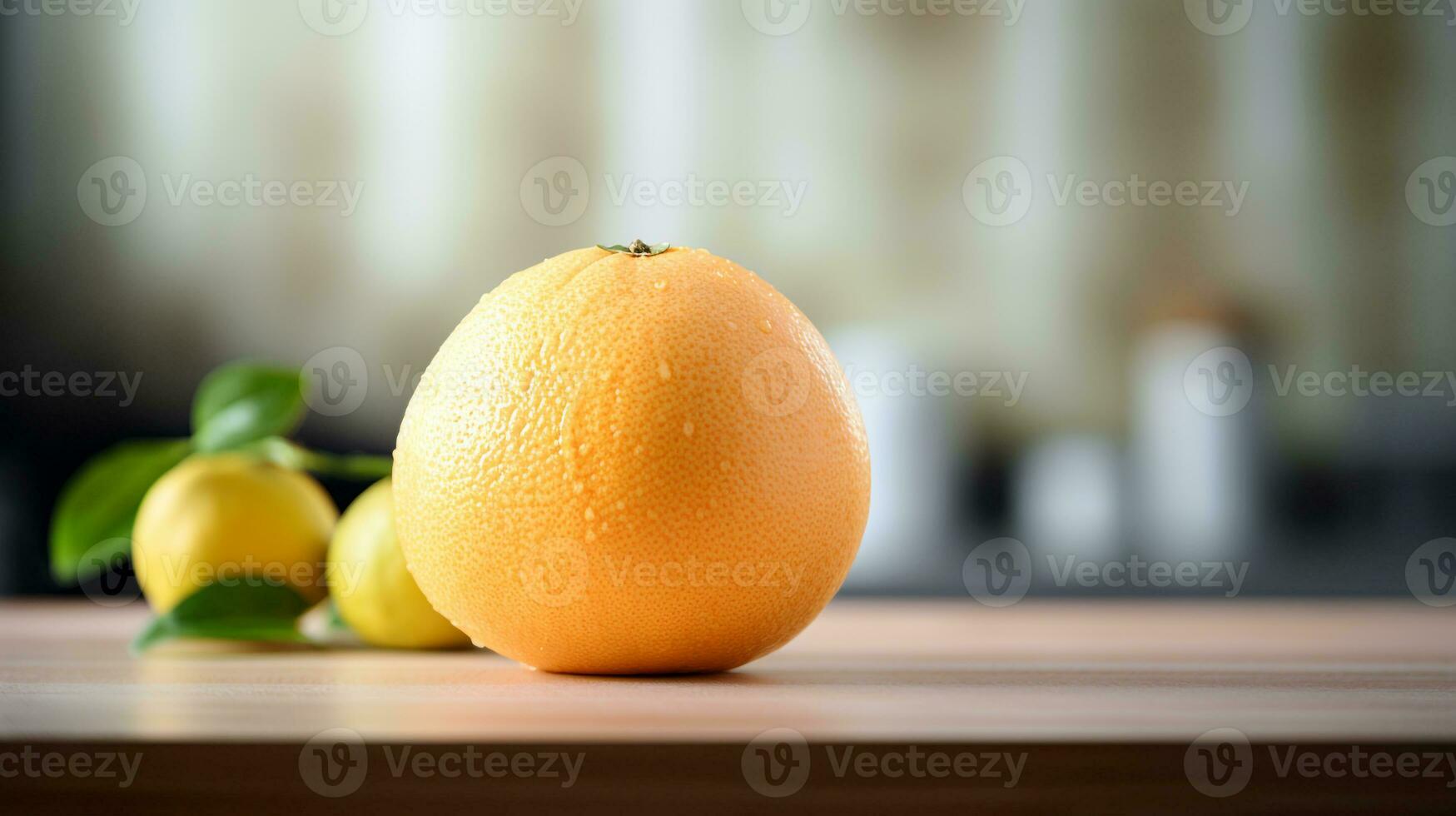 Foto av pomelo på en minimalistisk tabell. generativ ai