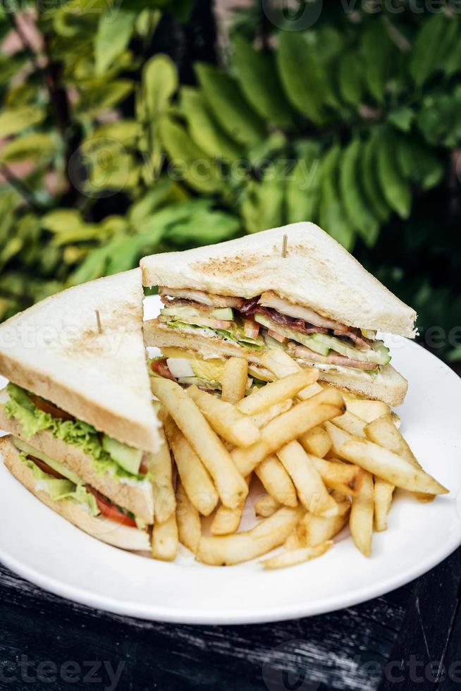 club sandwich mellanmål med pommes frites på tallrik foto