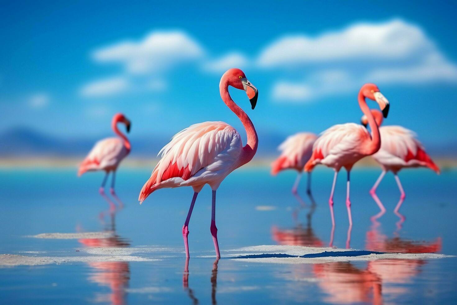 vild afrikansk fåglar. grupp fåglar av rosa afrikansk flamingos gående runt om de blå lagun på en solig dag. ai genererad foto