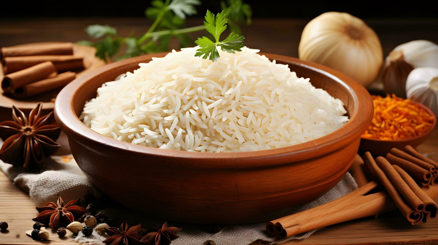 ris i de trä- skål med Övrig Ingredienser ai generera foto