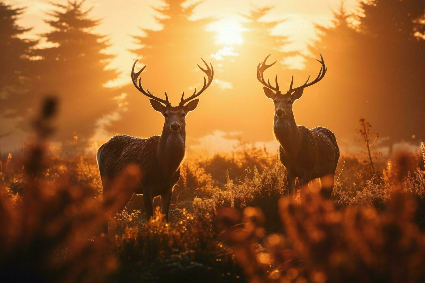 röd hjortar i morgon- Sol. ai genererad foto