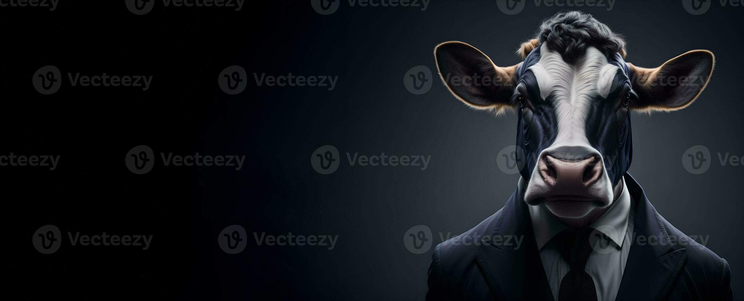 porträtt av humanoid antropomorf mejeri ko bär affärsman kostym i svart bakgrund för kopia Plats baner ai generativ foto