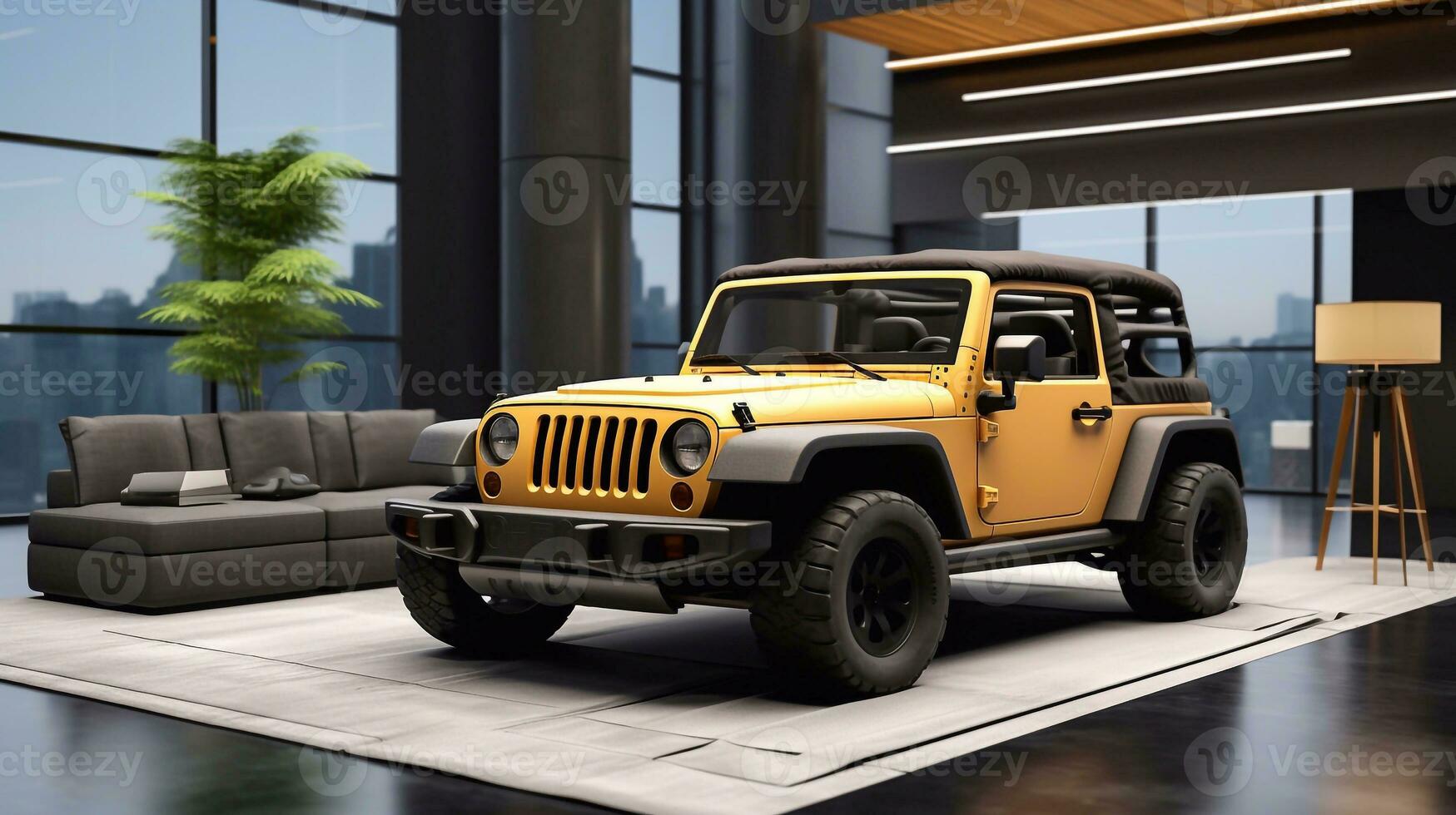 en bild av 3d tolkning av en varumärke mindre generisk bil eller jeep i en modern interiör stående i de utställningslokal generativ ai foto