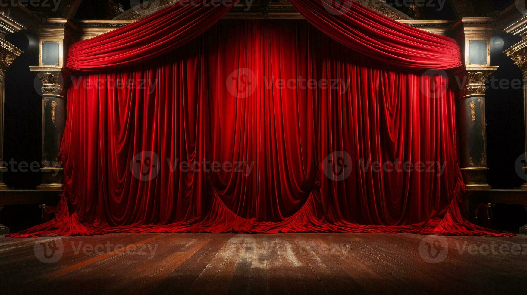 dramatiskt belyst glänsande röd sammet teater gardiner och trä- skede golv. generativ ai. foto