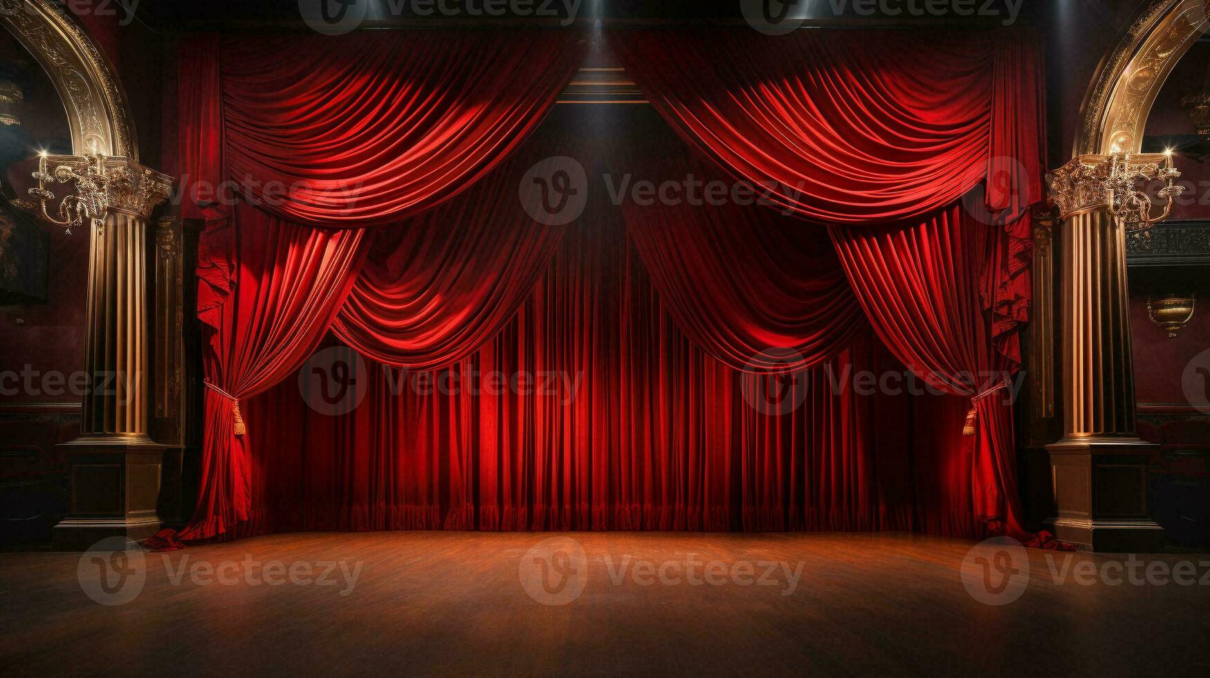 dramatiskt belyst glänsande röd sammet teater gardiner och trä- skede golv. generativ ai. foto
