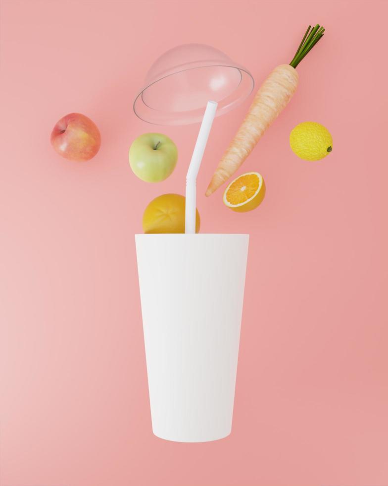 glas för juice på rosa bakgrund, 3d foto