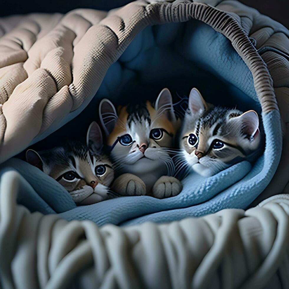 en grupp av förtjusande kattungar gosade upp tillsammans i en mysigt filt fort, ai generera foto