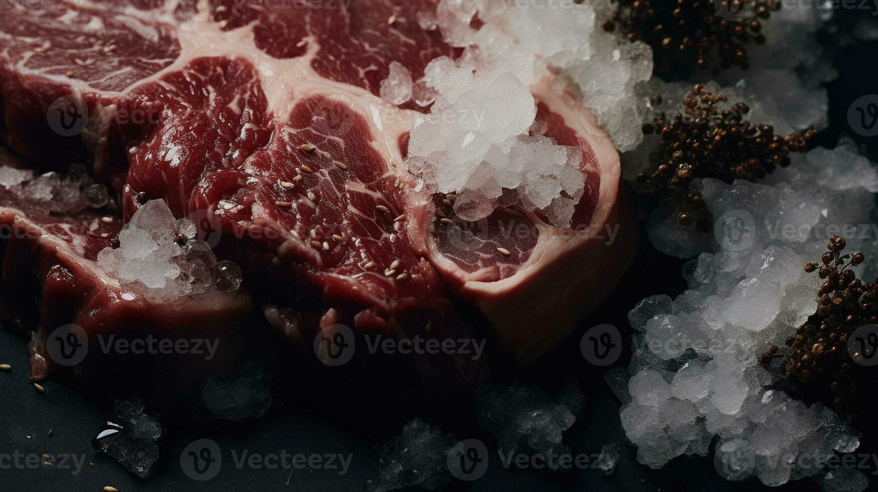 generativ ai, rå färsk nötkött biff på de tabell med örter och kryddor, stänga upp makro Foto, estetisk dämpad färger foto
