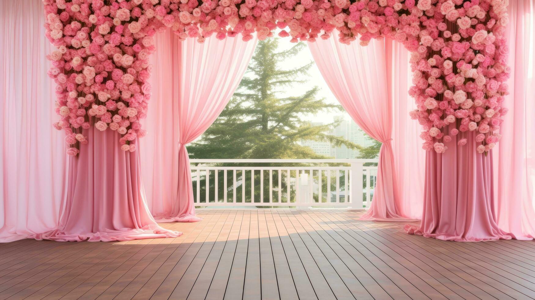 rosa kronblad väg utomhus- bröllop, generativ ai foto