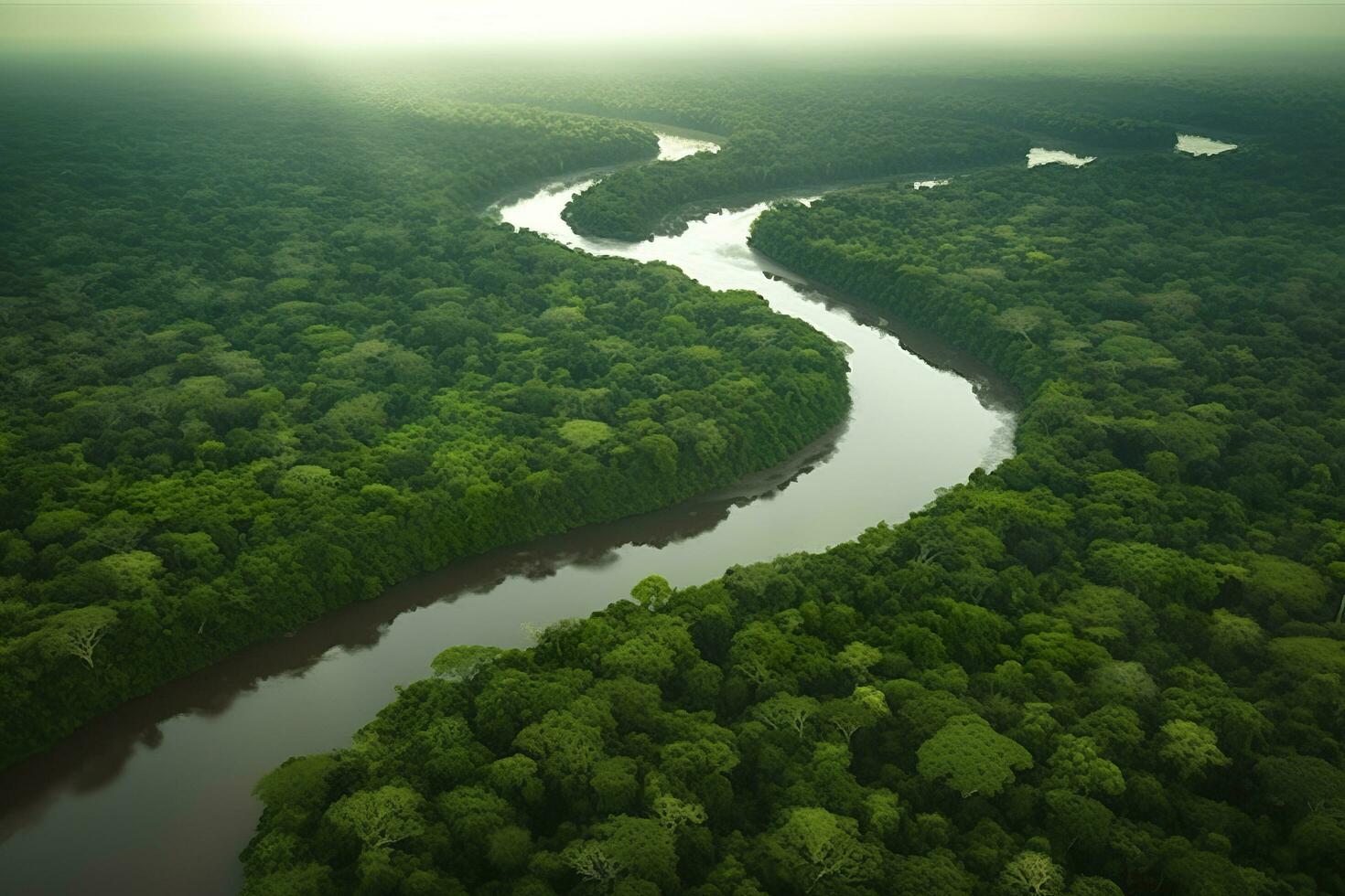 antenn se av de amazonas djungel landskap med flod böja. generativ ai foto