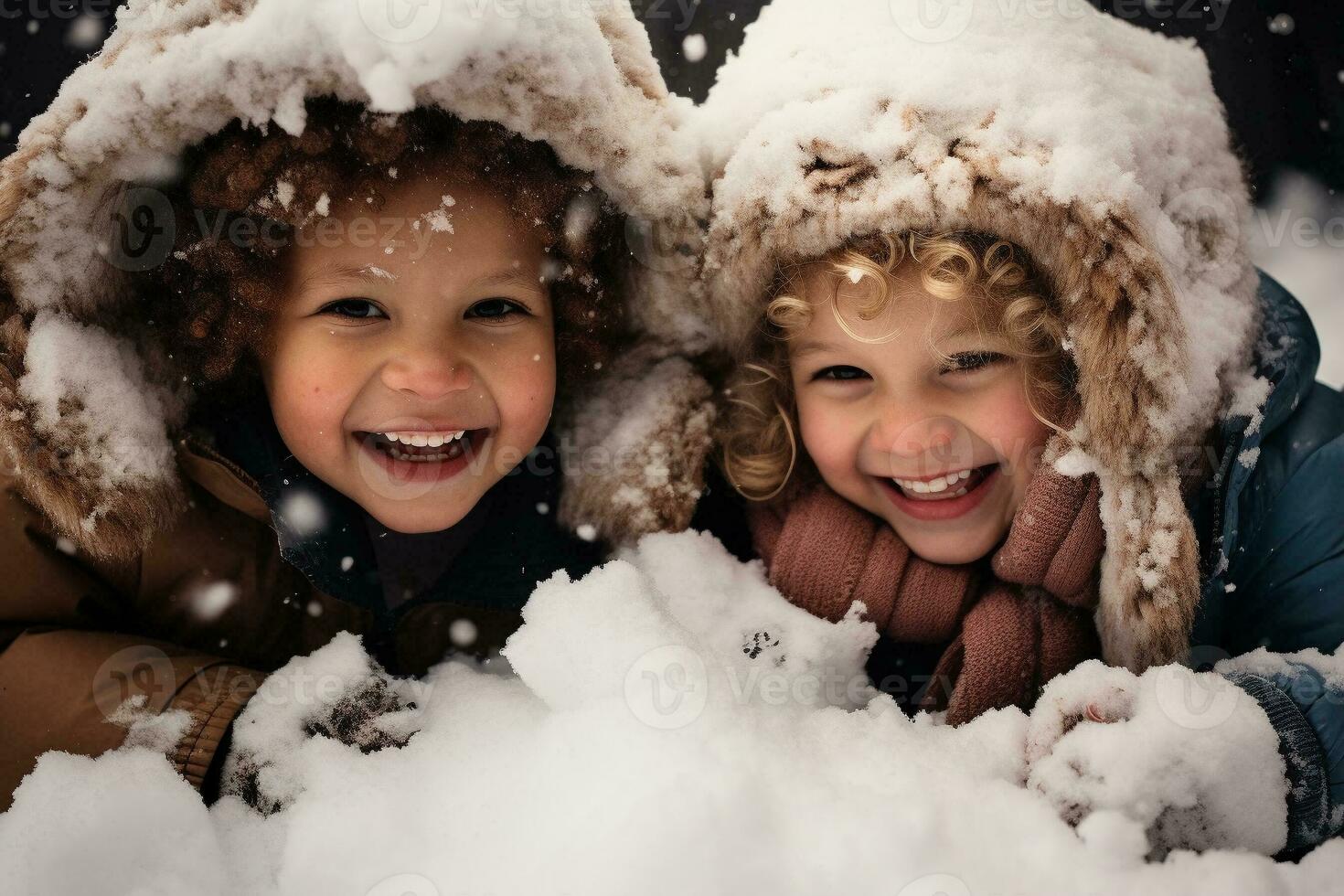 barn spelar i de snö på vinter- dag. barn skrattande och har roligt medan spelar utomhus med snö. generativ ai. foto