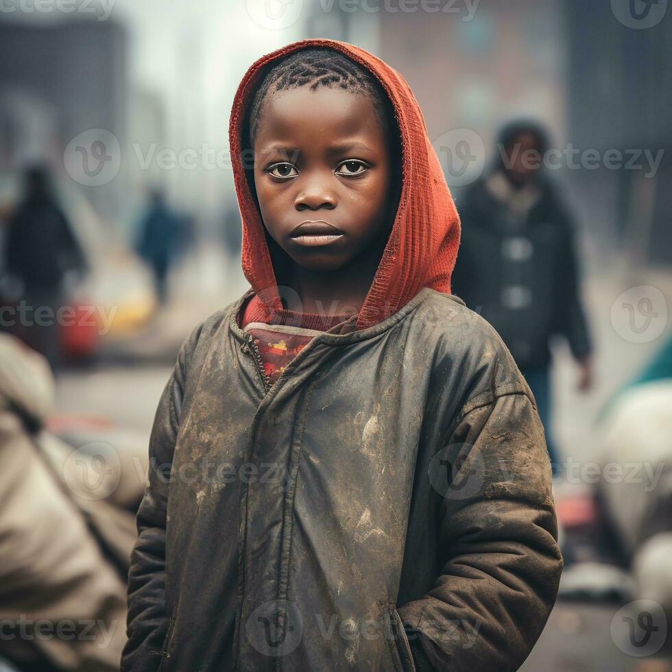 fattig afrikansk pojke i de stad under. ai generativ foto