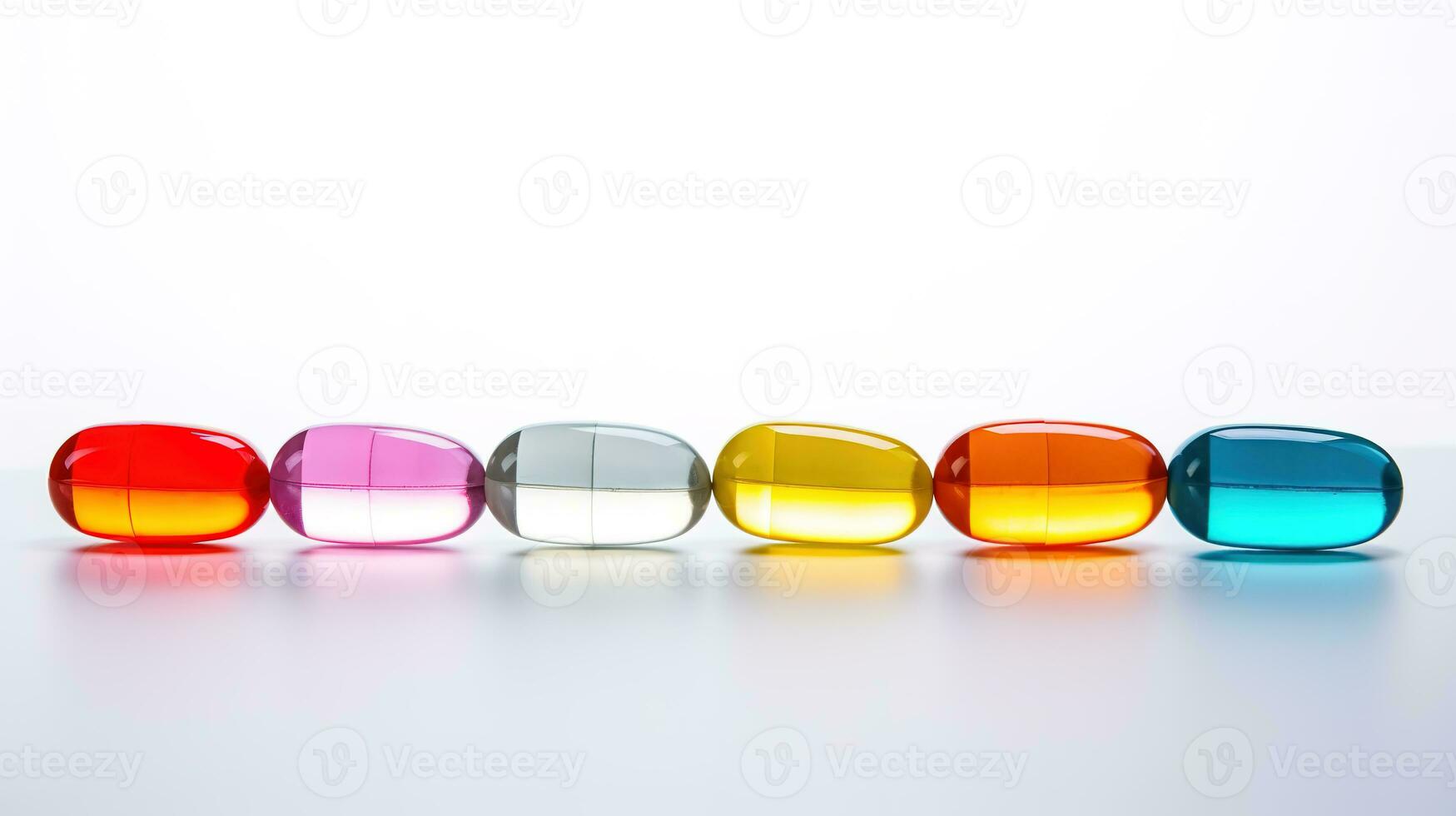 flerfärgad transparent tabletter på en vit bakgrund. ai generativ foto