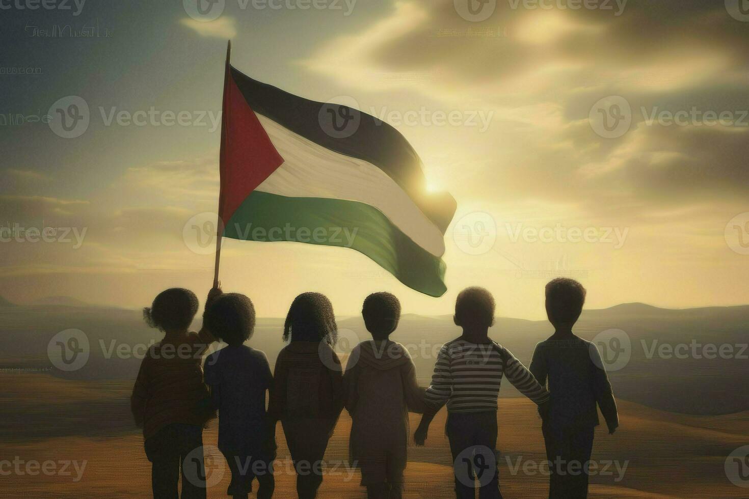 grup av barn innehar en palestinsk flagga, hoppas en frihet, ai genererad foto