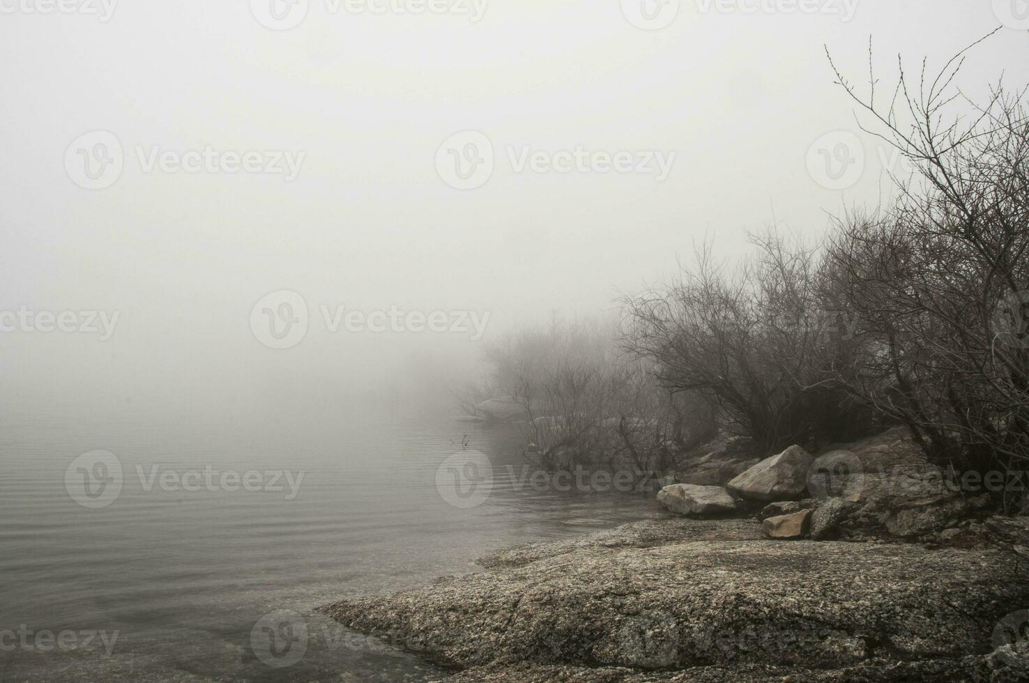 idyllisk landskap av en lagun i en dimmig miljö foto