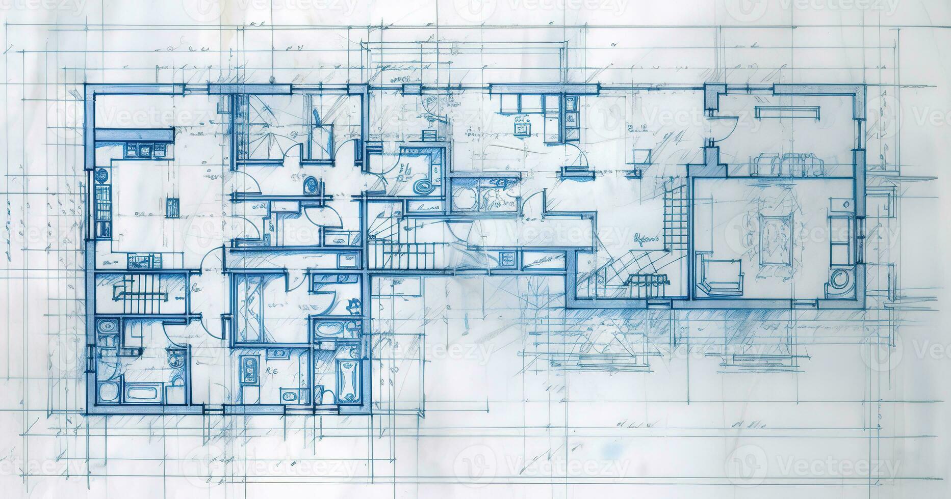 generativ ai, blå skriva ut golv planen, arkitektonisk bakgrund, teknisk dra foto