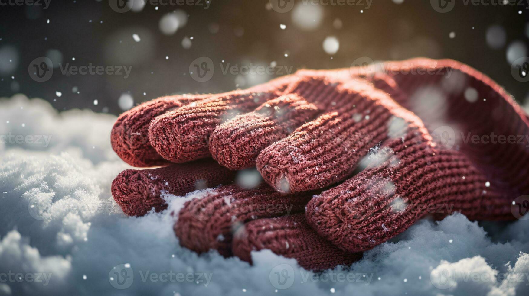 ai generativ vantar, snö handskar i de snö i tidigt morgon- solljus foto