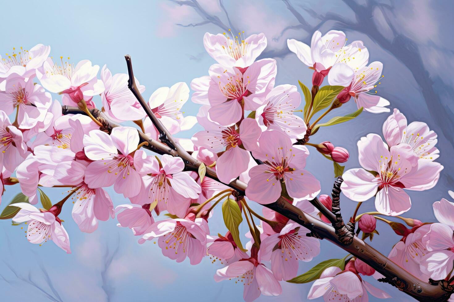 körsbär blomma sakura på blå himmel bakgrund med kopia Plats, sakura. körsbär blomma. vår blommor. blommig bakgrund, ai genererad foto