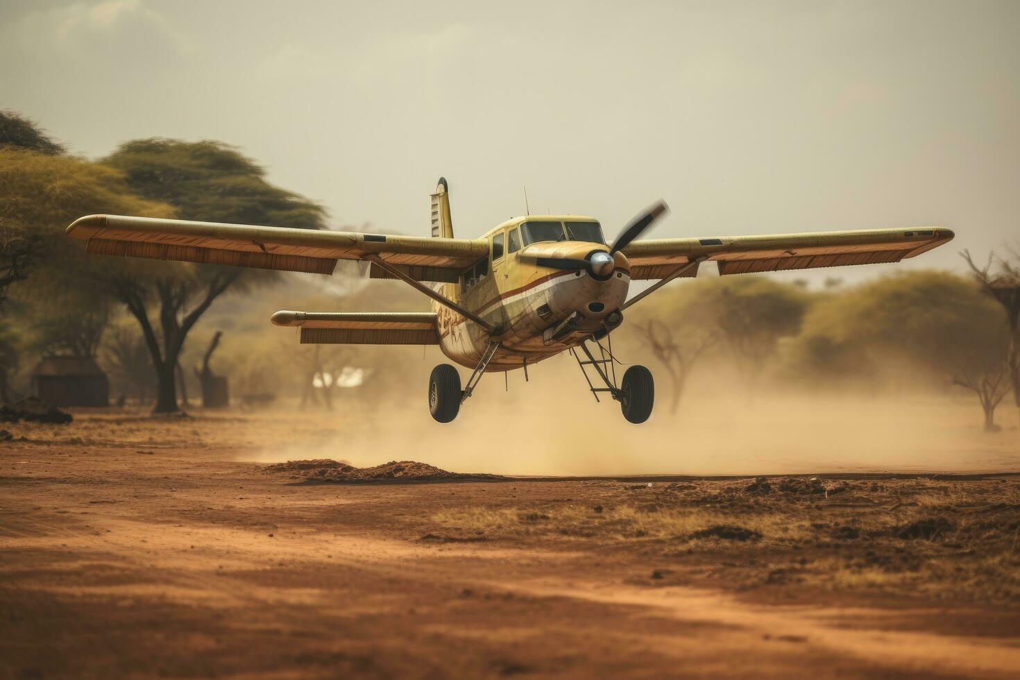 årgång flygplan landning i de öken- av afrika. årgång stil, små stötta plan, landning på smuts landning remsa i afrika, ai genererad foto