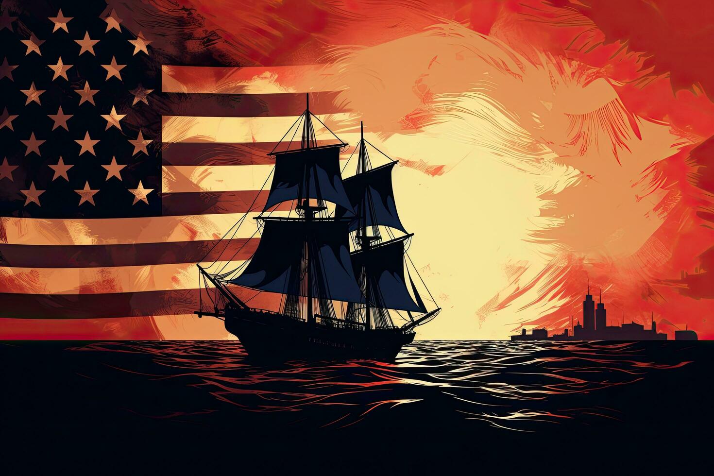 pirat fartyg på de bakgrund av de amerikan flagga. vektor illustration, silhuett av en segelbåt på de bakgrund av de amerikan flagga, ai genererad foto