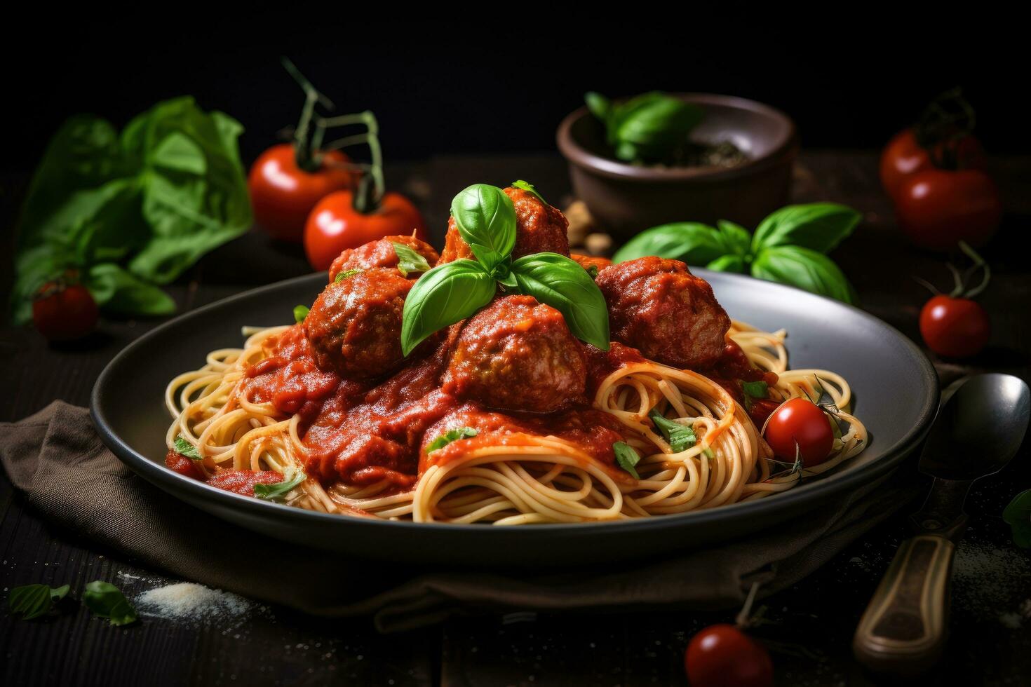 spaghetti pasta med köttbullar i tomat sås och färsk basilika löv, spaghetti med tomat sås och köttbullar, ai genererad foto