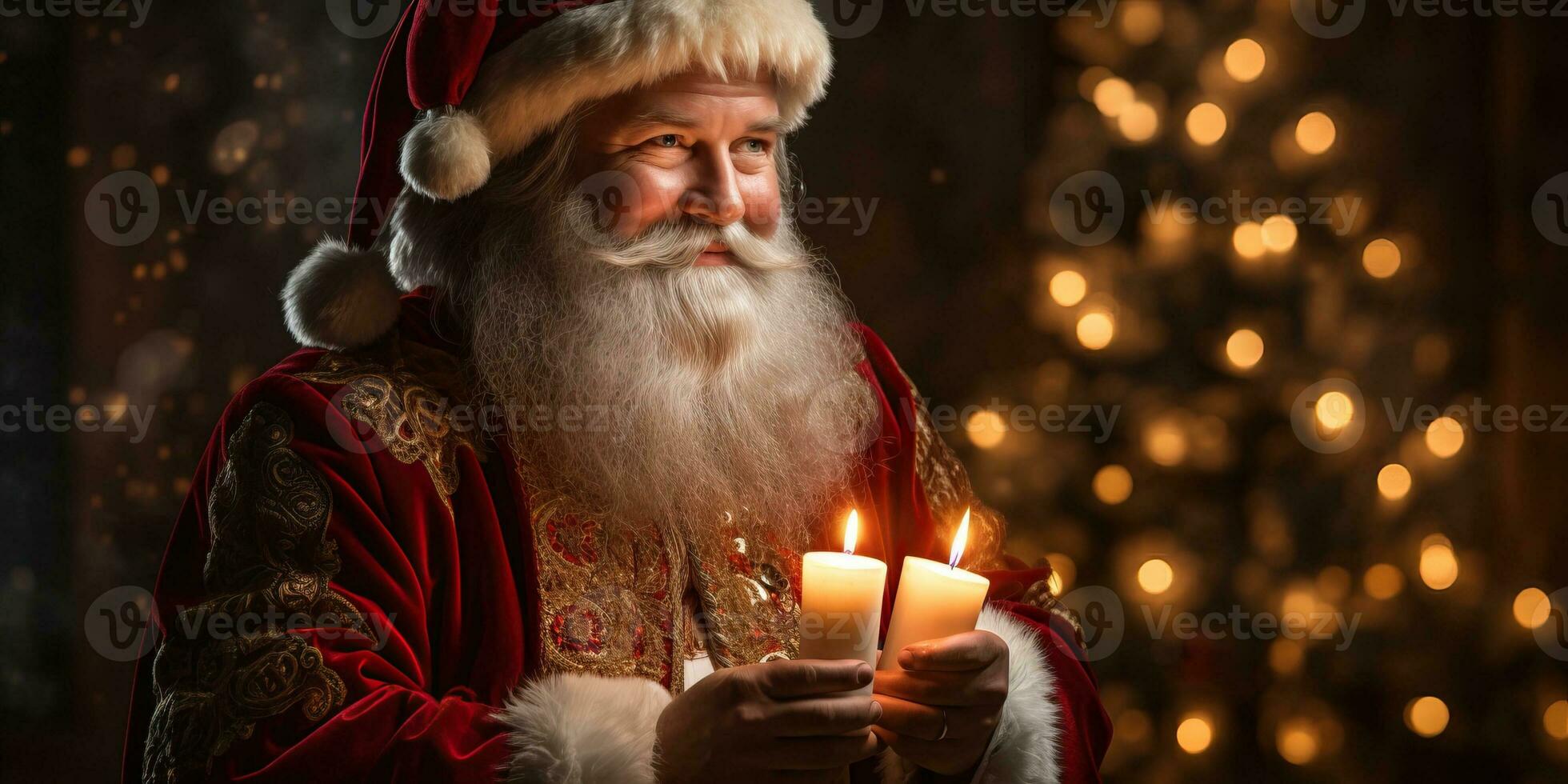 santa claus innehav en brinnande ljus. ai genererad. foto