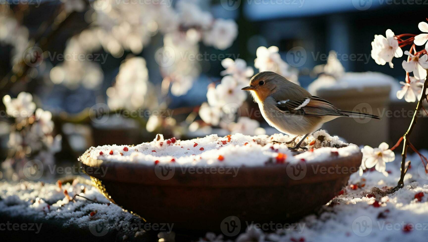 de bofink sitter på en blomma i de trädgård i vinter. ai genererad. foto