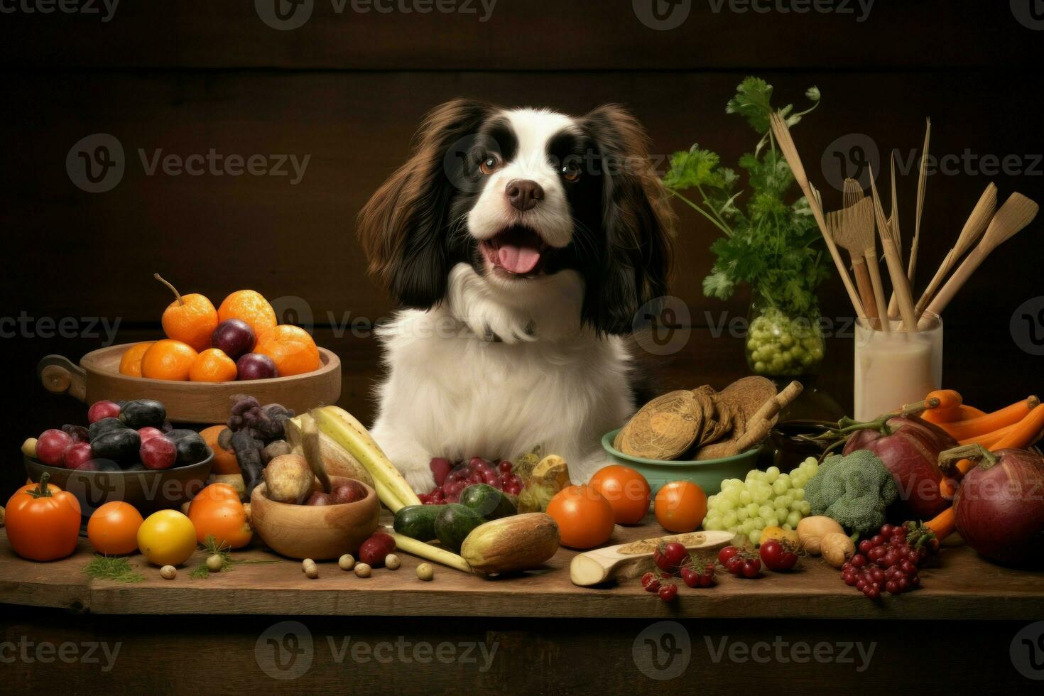 glad söt hund nära frukter. generera ai foto