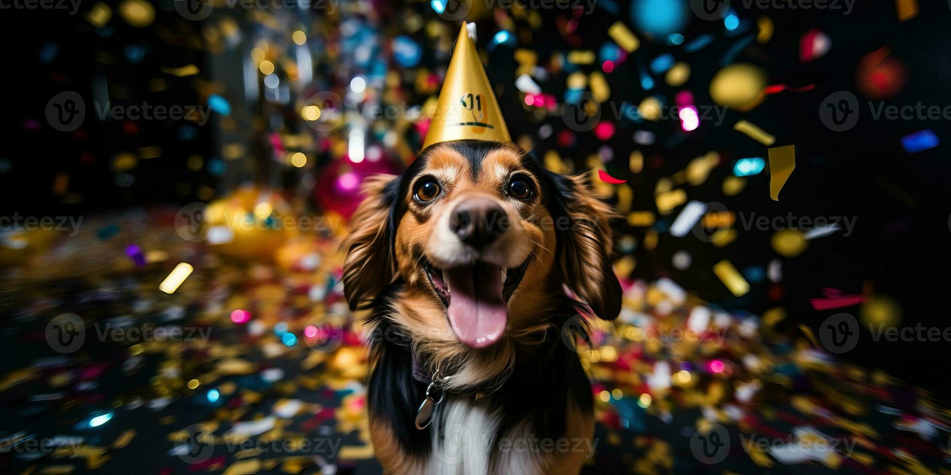 hund i fest hatt och konfetti ai genererad foto