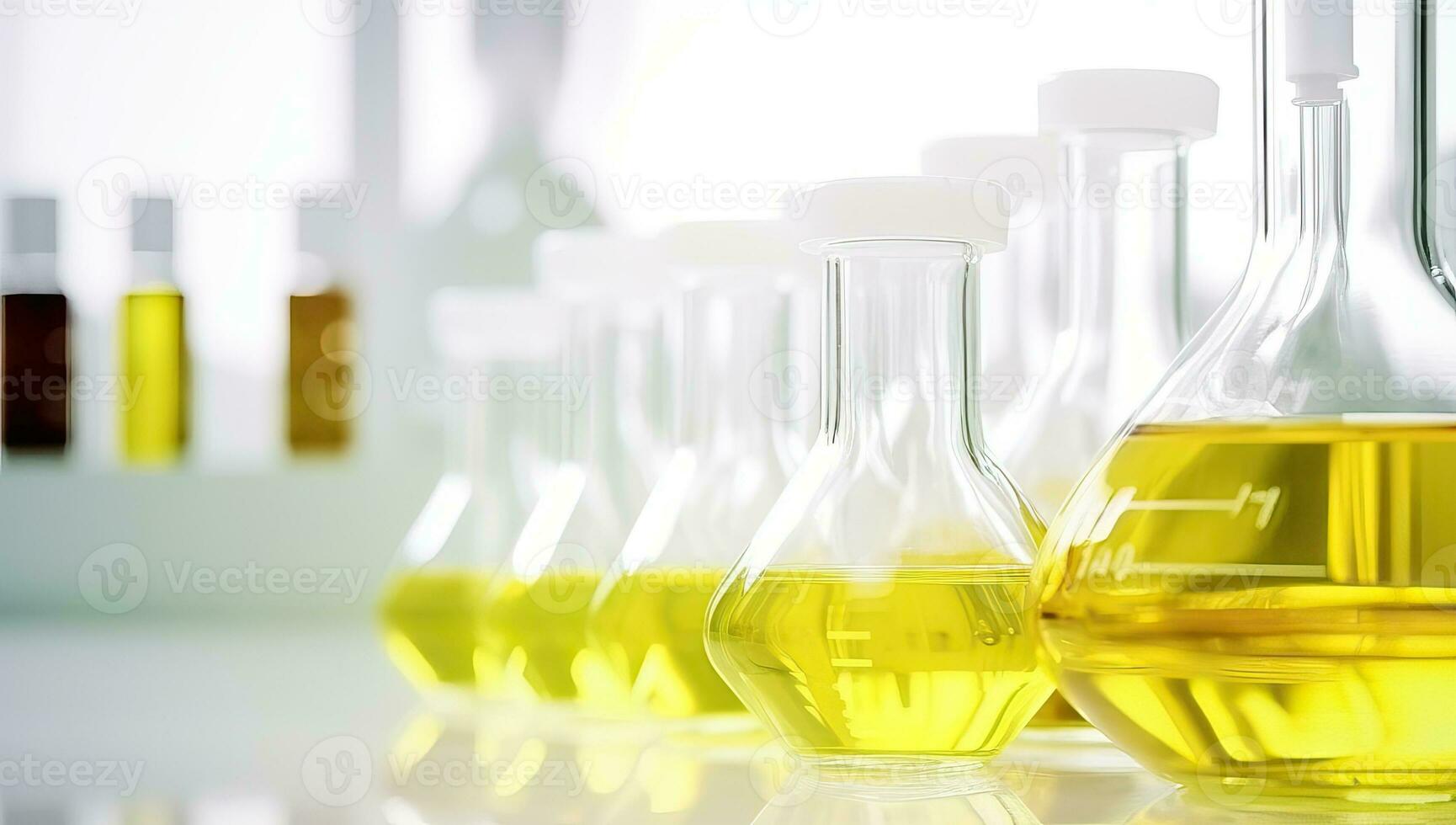 laboratorium glas med gul flytande, vetenskap forskning och utveckling begrepp. ai genererad. foto