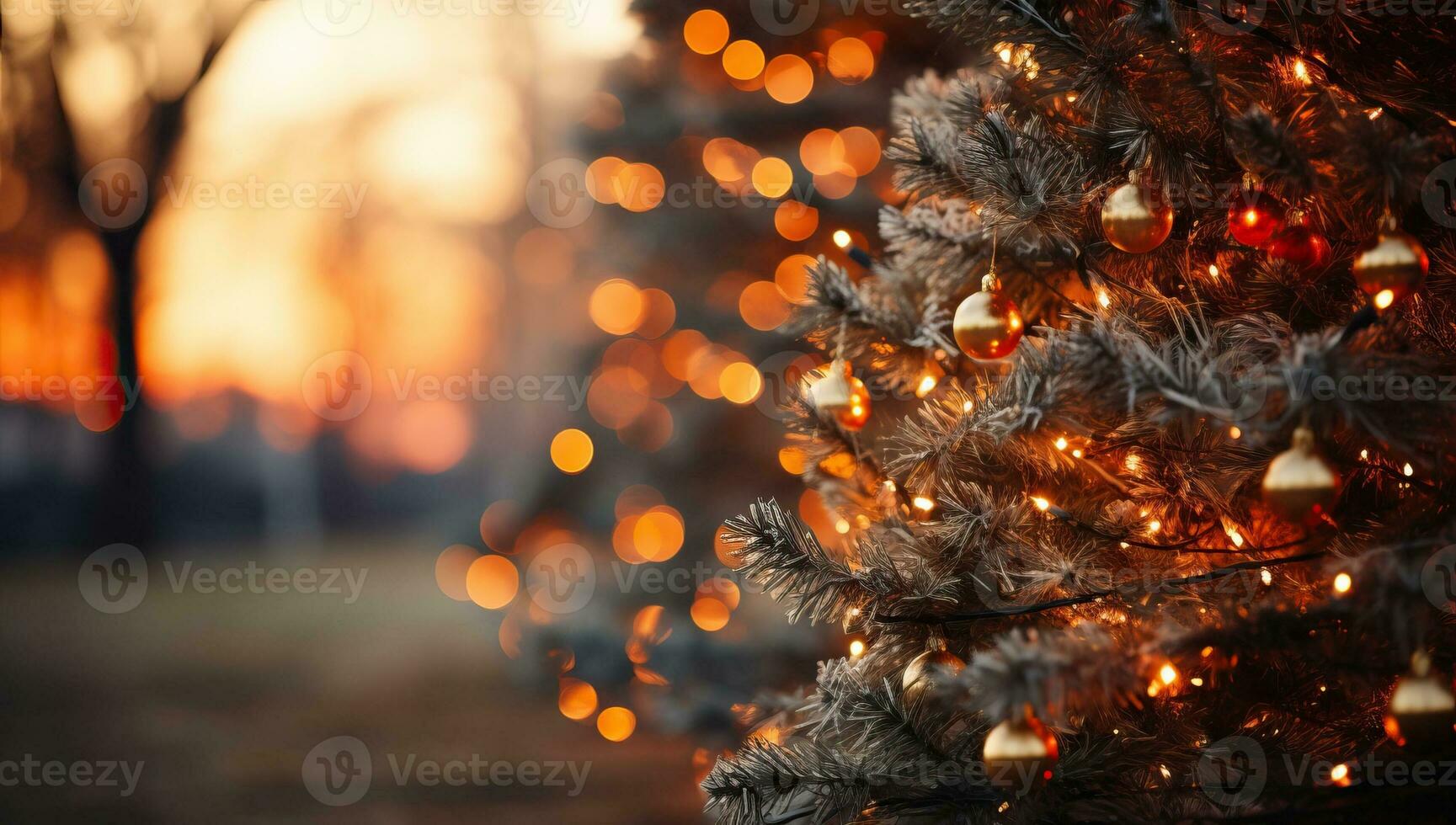 jul träd med gyllene lampor och bokeh effekt. jul bakgrund ai genererad foto