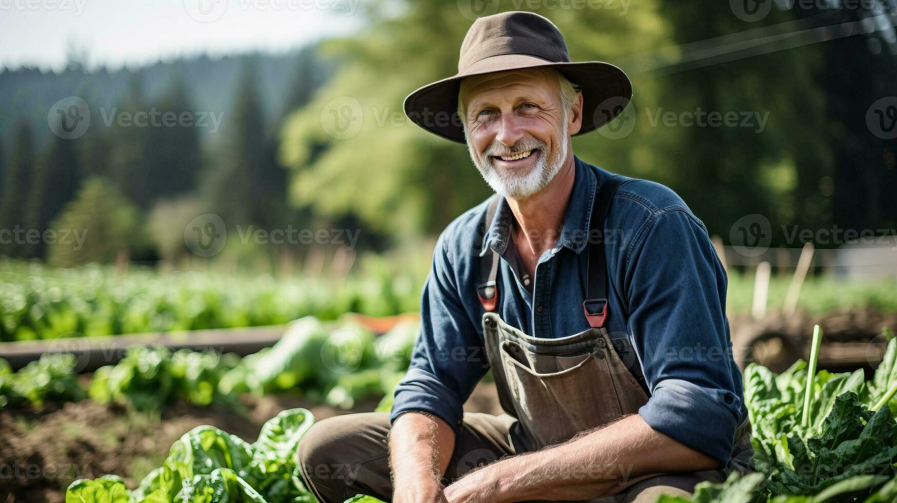 porträtt av senior jordbrukare Sammanträde på fält ai genererad foto