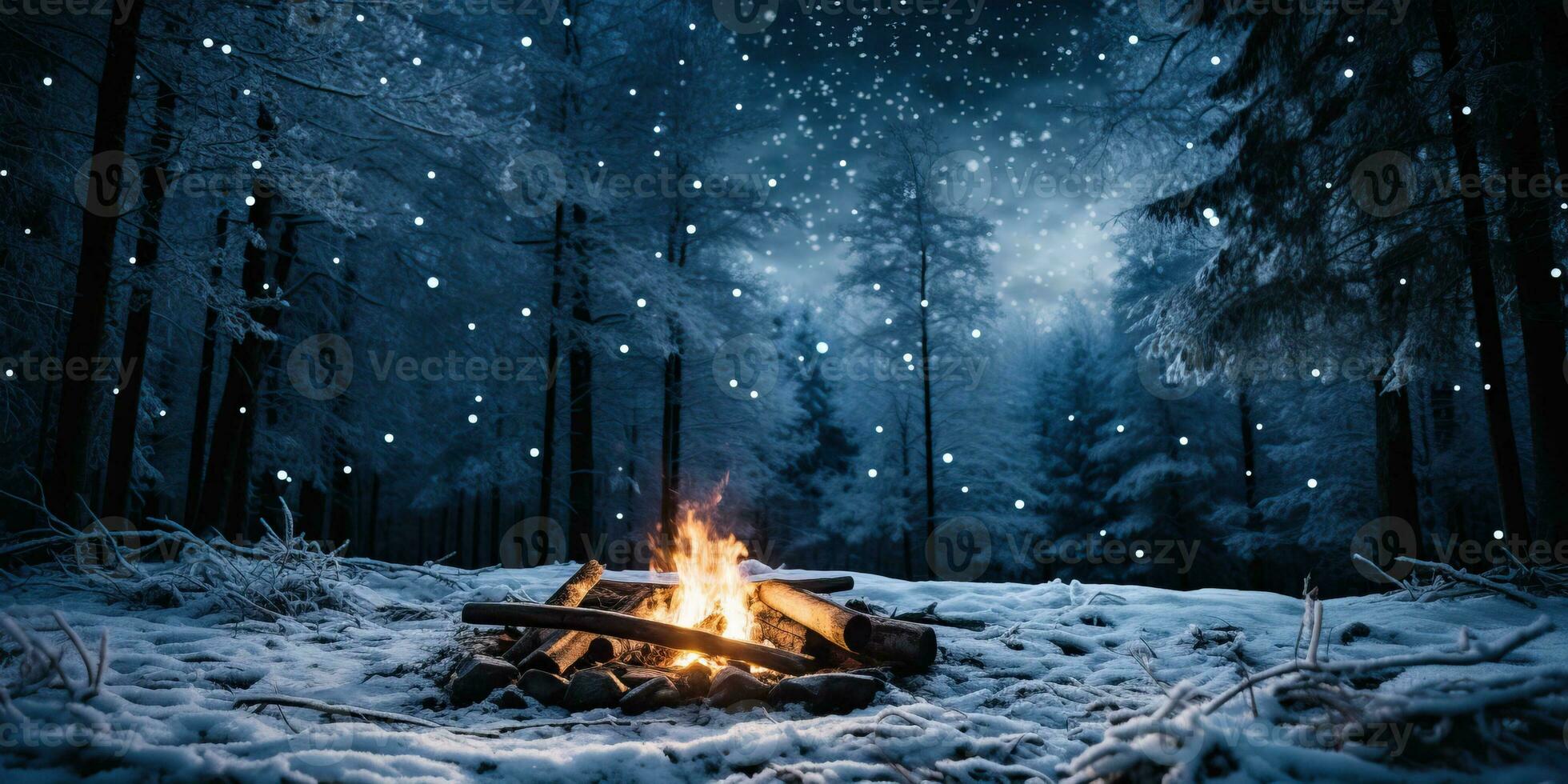 bål i vinter- skog på natt med faller snöflingor ai genererad foto