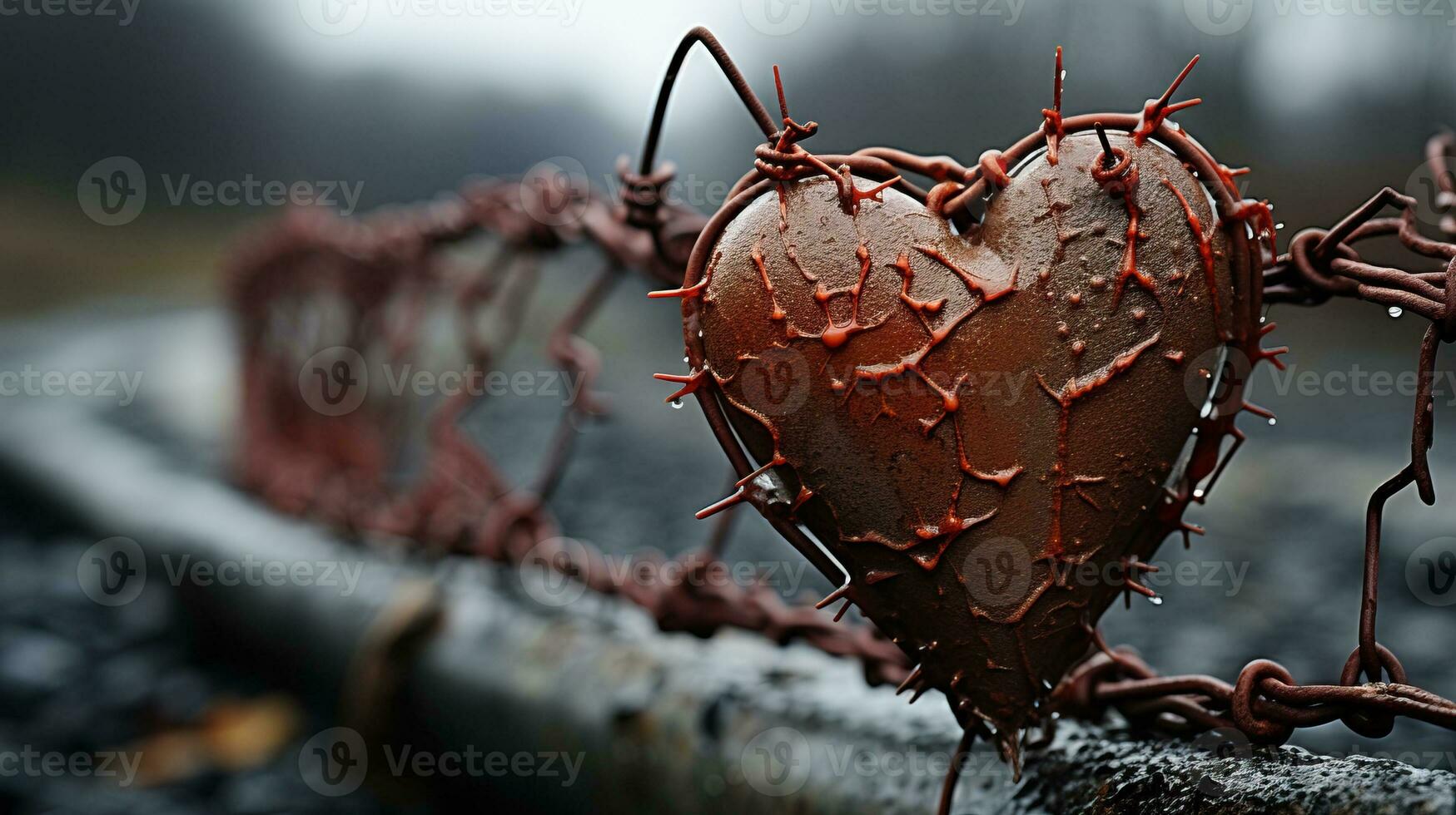 hjärta i de hullingförsedda tråd. konceptuell bild av hjärta ge sig på. ai genererad. foto