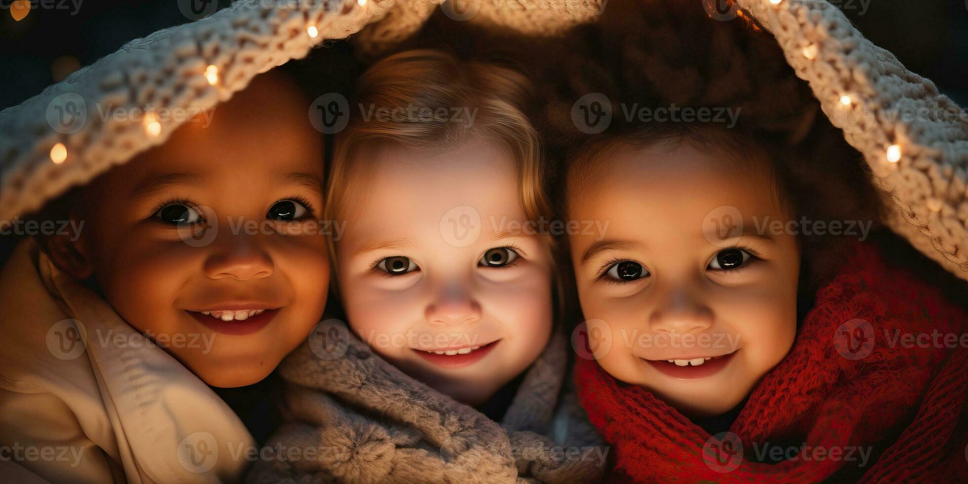 söt liten flickor i värma stickat tröjor och halsdukar på Hem ai genererad foto