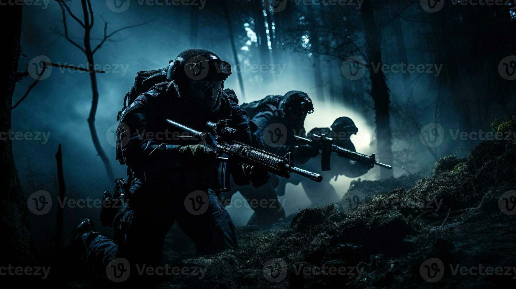 särskild krafter soldat med överfall gevär i mörk skog ai genererad foto