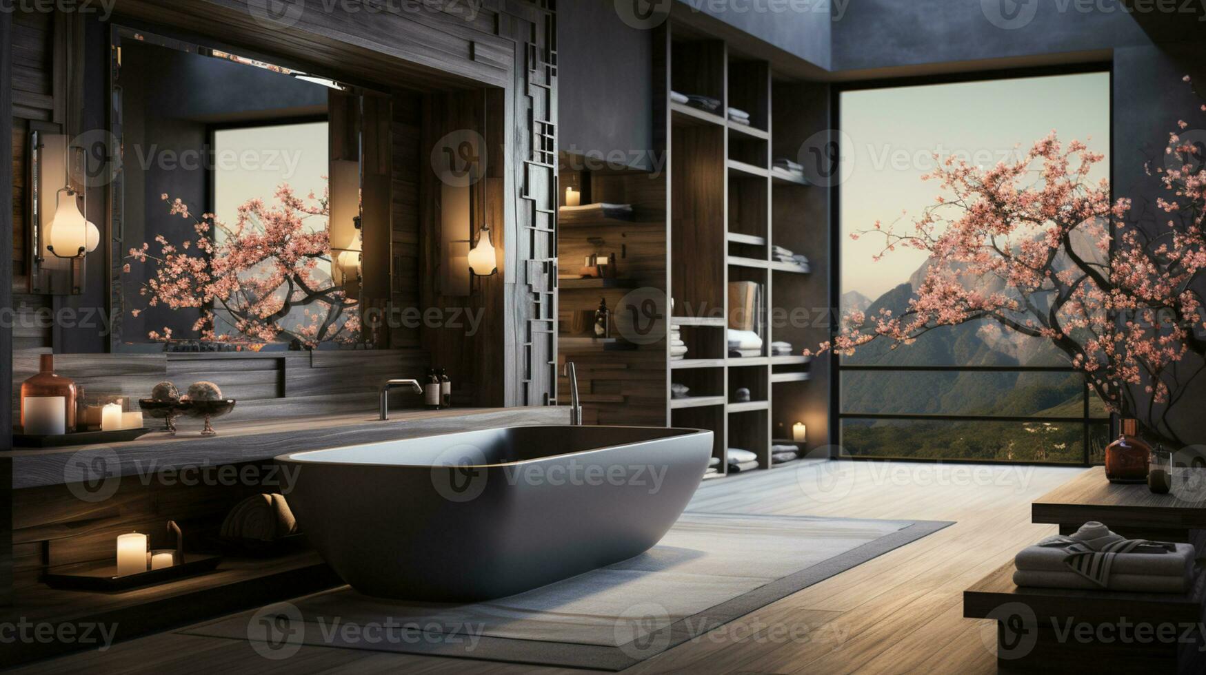 interiör design av elegant rymlig badrum, lyx badkar, romantisk atmosfär, ai generativ foto