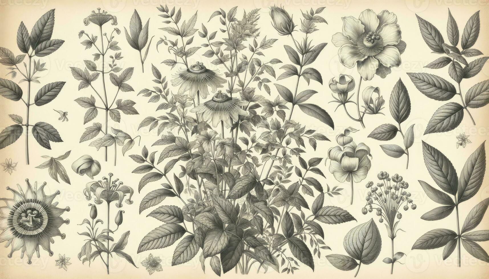 ett illustration visa upp en botanisk tema med invecklad detaljer av växter, blommor, och löv, påminner av 1800-talet vetenskaplig illustrationer. ai genererad foto