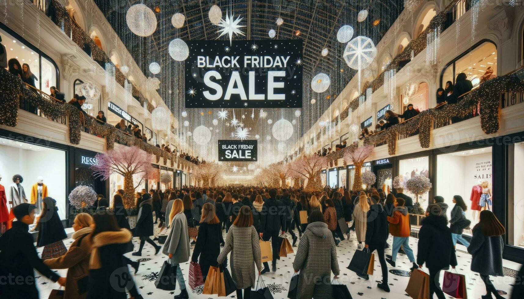 de köpcenter är dekorerad med lampor och banderoller tillkännager de svart fredag försäljning. ai generativ. foto
