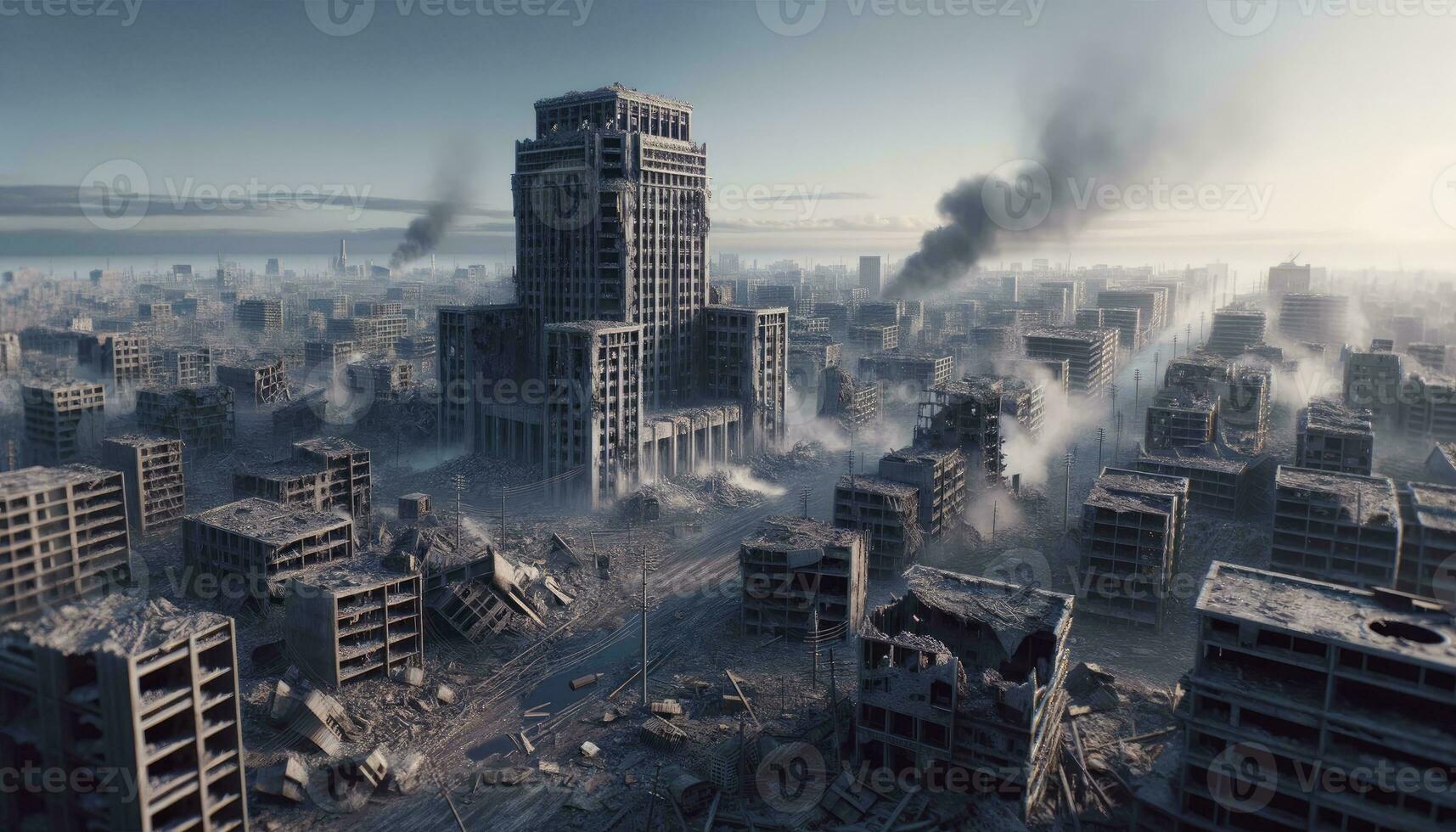 en krigshärjade stad, fokusera på en stor förstörd byggnad mitt i en ödslig atmosfär. ai genererad foto