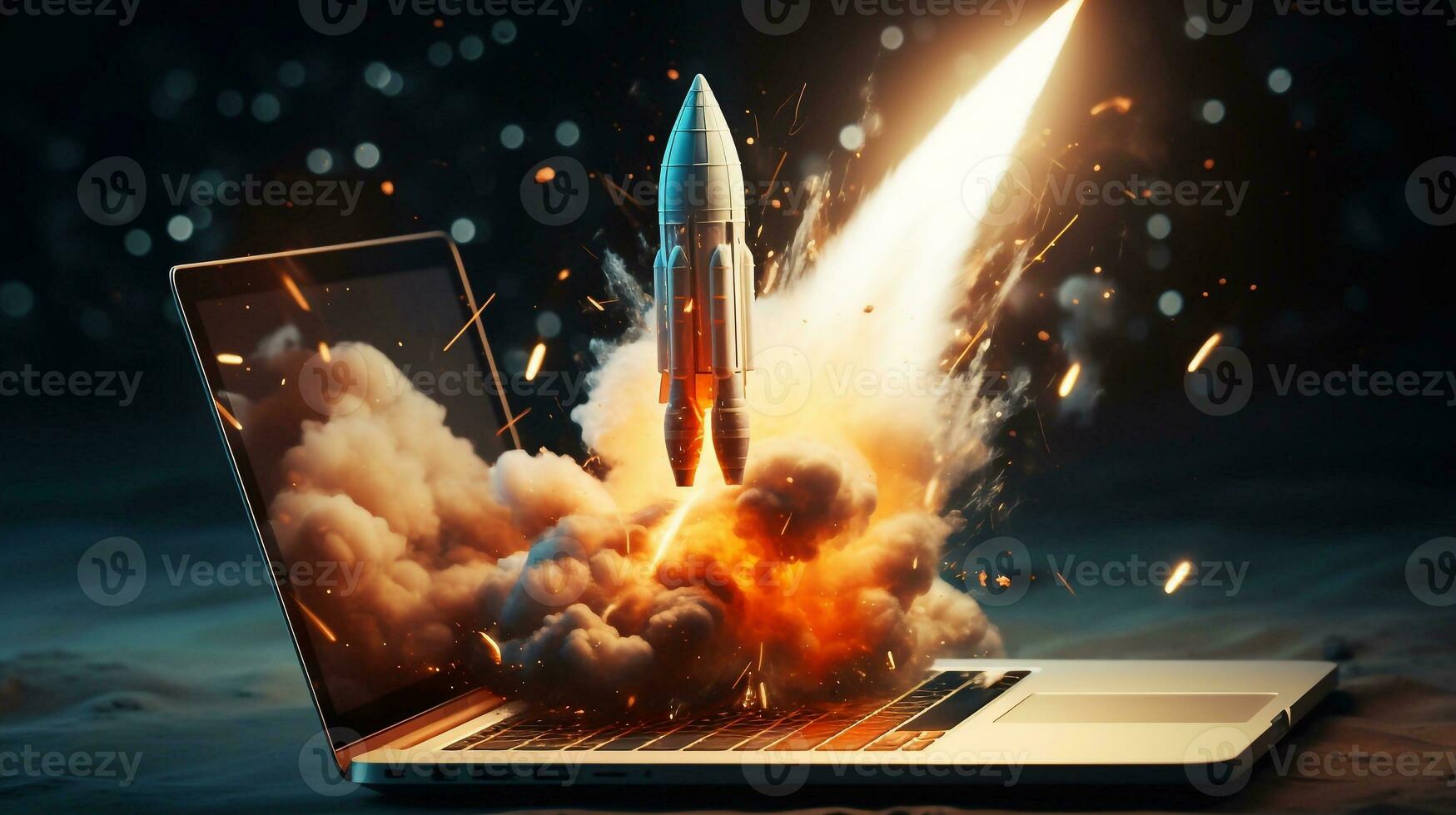Foto av raket kommande ut av en bärbar dator skärm. blandad media generativ ai