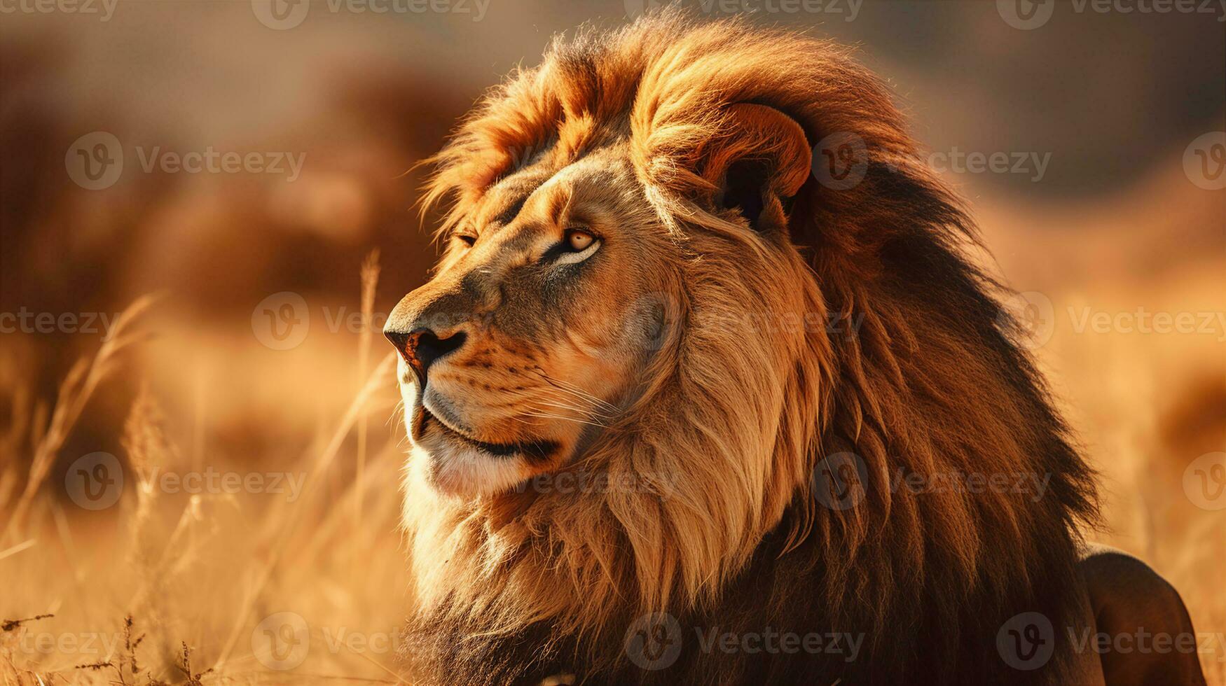 en närbild av en kunglig lejon, sola under en gyllene Sol, med vind ruffling dess magnifik man. generativ ai foto
