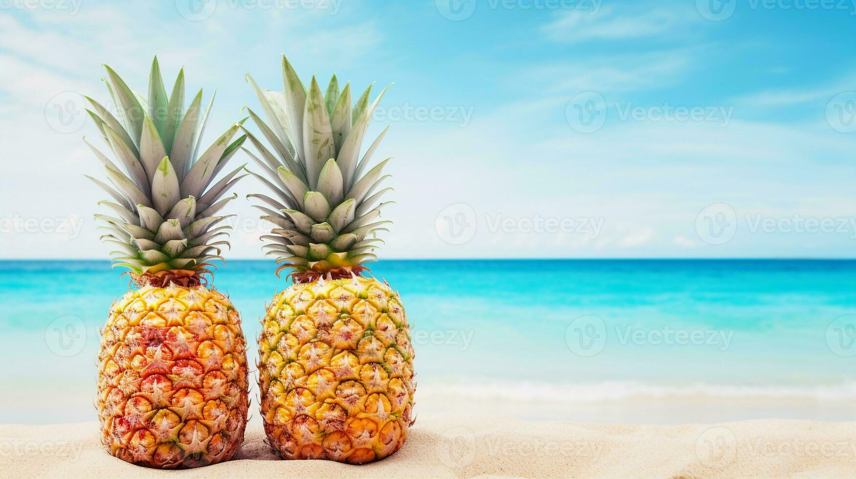 tvilling ananas med vibrerande texturer stående lång på en sandig strand mot en bakgrund av lugn blå hav vattnen. generativ ai foto