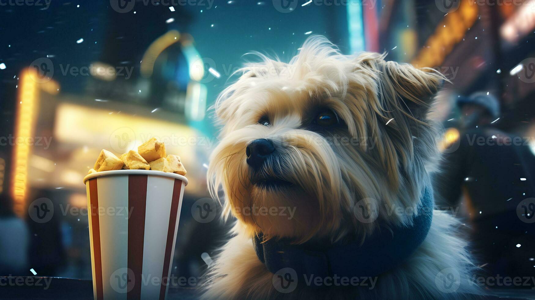 super söt hund tittar på film i de bio. ai genererad bild. foto