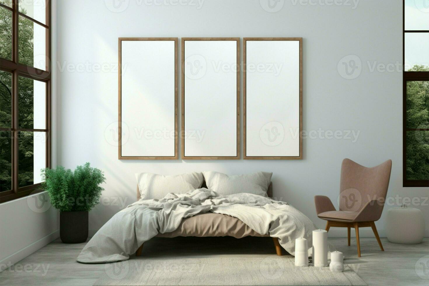 3d återges modern sovrum attrapp med vit vägg, två vertikal ramar ai genererad foto