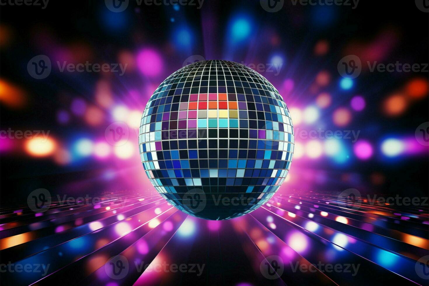 en 3d återges disko boll glimmar mot neon ljus bakgrund ai genererad foto
